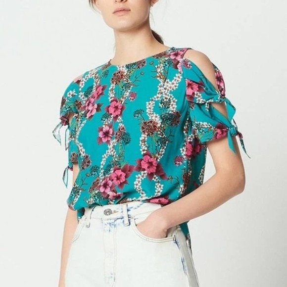 Sandro Teal Cold Shoulder Floral Print Blouse - Picture 2 of 11